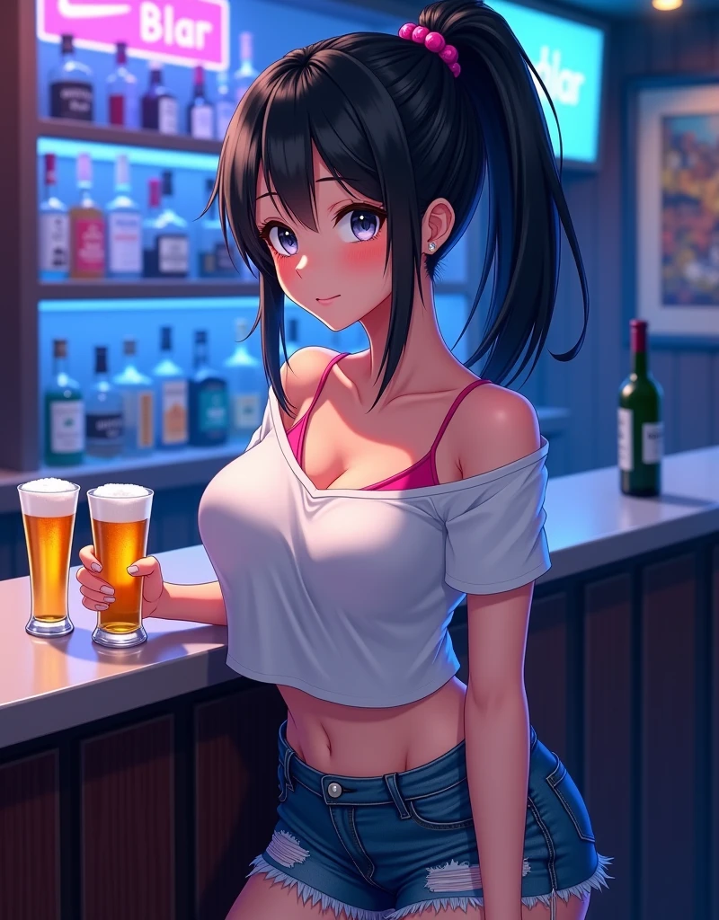 Ultra realistic s old, two girls, obra maestra, mejor calidad, alta calidad, defined, detailed, HD, (piel morena), ojos definidos, ojos cafes intensos, long eyelashes, small mouth, sonrisa, :3, very long hair, pelo liso, pelo oscuro, cuerpo reducido, bosom barely contained, big breasts, sexy, posando foto, estudio, mini skirt, sin sostenes, no bra, excitada, pezones erectos, nice view, full body, nice body, nice hands, nice fingers, perfect fingers, abierto, mojada, sudada, caliente, tight, sonrojada, nice legs, no socks, sin flequillo, peinada hacia atras, pose lasciva, petites, no skirts, open legs, sexy clothes, squeeze, bar, drunk, drinking alcohol