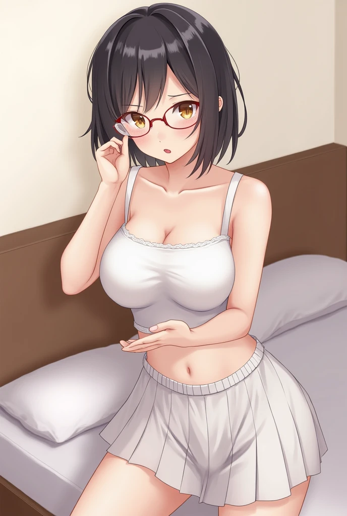 short、Black-rimmed glasses、Loose-fitting grey knit off-shoulder maxi dress、Black bra straps、Cleavage