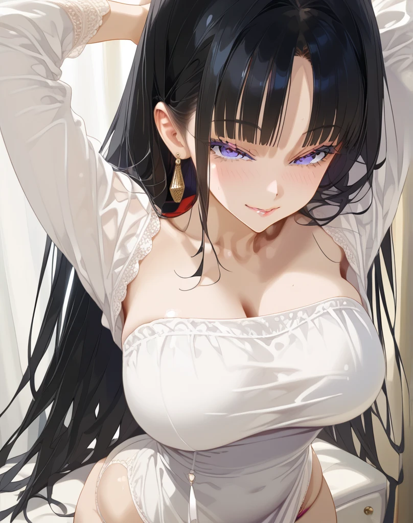 Foto glamorosa de una hermosa y seductora estudiante japonesa con una falda corta mostrando la parte baja, de rodillas, sus manos en su cabello, mirando con lujuria al espectador, turning his head to the side and leaning down slightly while biting his lower lip smiling and big anime smoky eyes focusing on the viewer....., long eyeslashes, twenty-something years old with a flexible female body, DD size breasts, cabello completamente ondulado, escote abierto, senos expuestos, pezones detallados, pussy in clothes, enfoque de cuerpo completo,