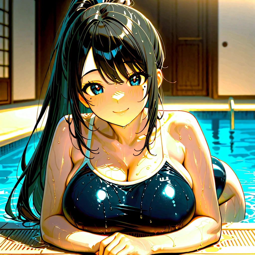 Taimanin Asagi、Asagi Igawa、Black Hair、Green Eyes、Long Hair、Huge breasts、White school swimsuit、smile、School、Pool、、Open neck．The neck is open、