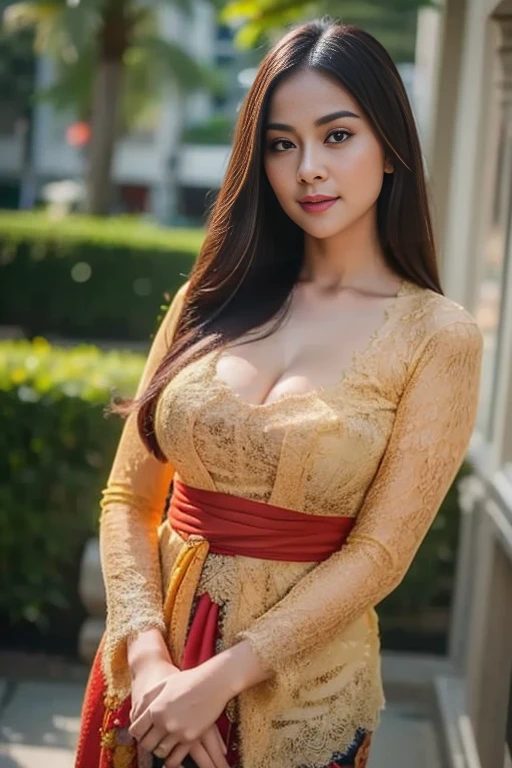 Carlotta Champagne as a beautiful young maiden, standing perfect body, large breasts, small waist, long braids hair, wearing light makeup, long eye lashes, eye mascara, wearing light orange Ornaments, long earrings, necklaces, happy look, at Beautiful park.