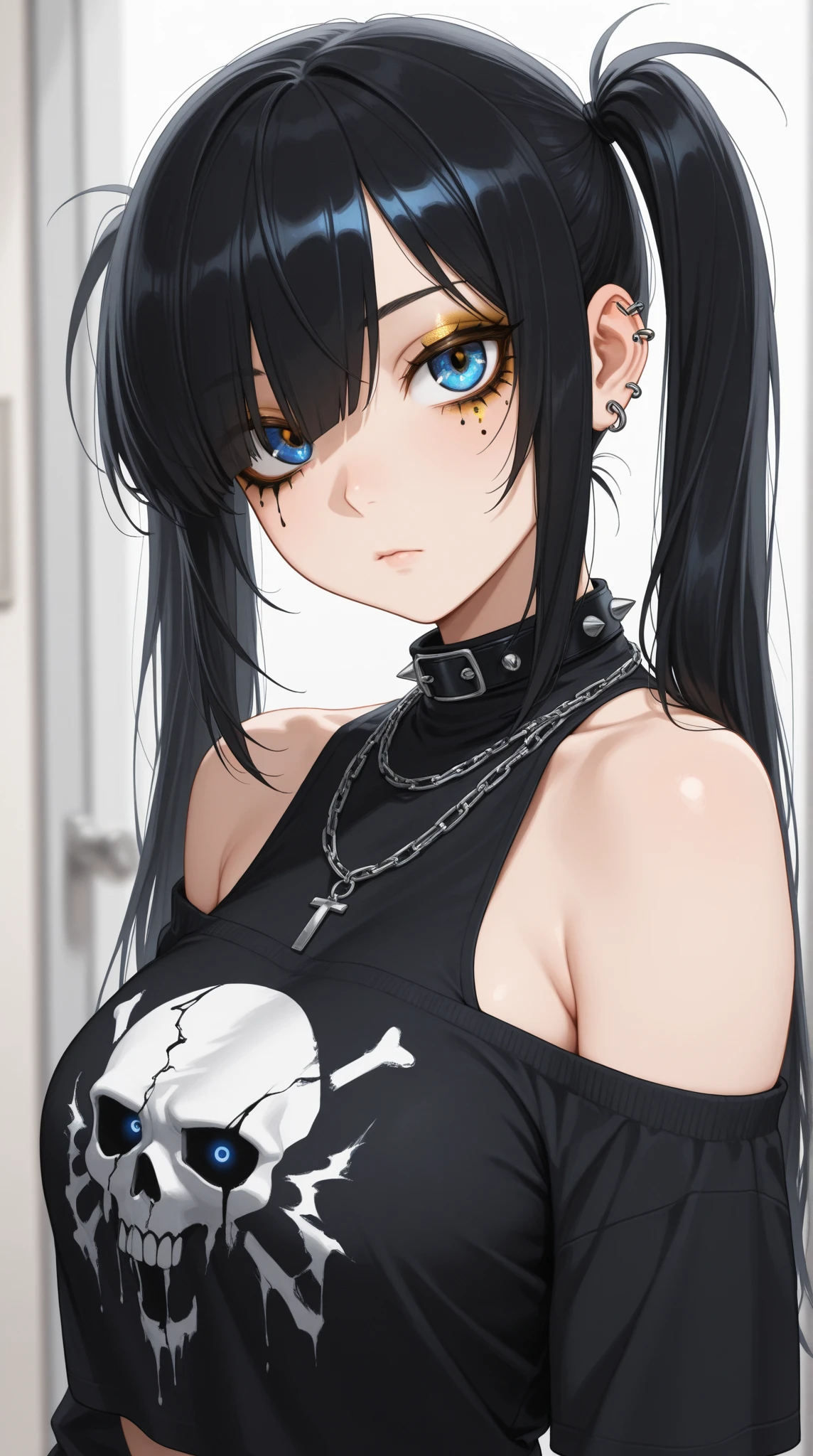 score_9, score_8_up, score_7_up, masterpiece, best quality, highly detailed, 1girl, (Hinata from Naruto) pale skin, blue eyes, thick black eyelashes, black eyeliner, dark eyeshadow, neon blue hair, low twintails, big breasts, black t-shirt, ear piercings, looking at the viewer, bedroom eyes, seductive smile, g0thicPXL, glowing hair, glowing eyes, neon, arm behind head, arched back, dark background, cowboy shot, thick white character outline, cleavage