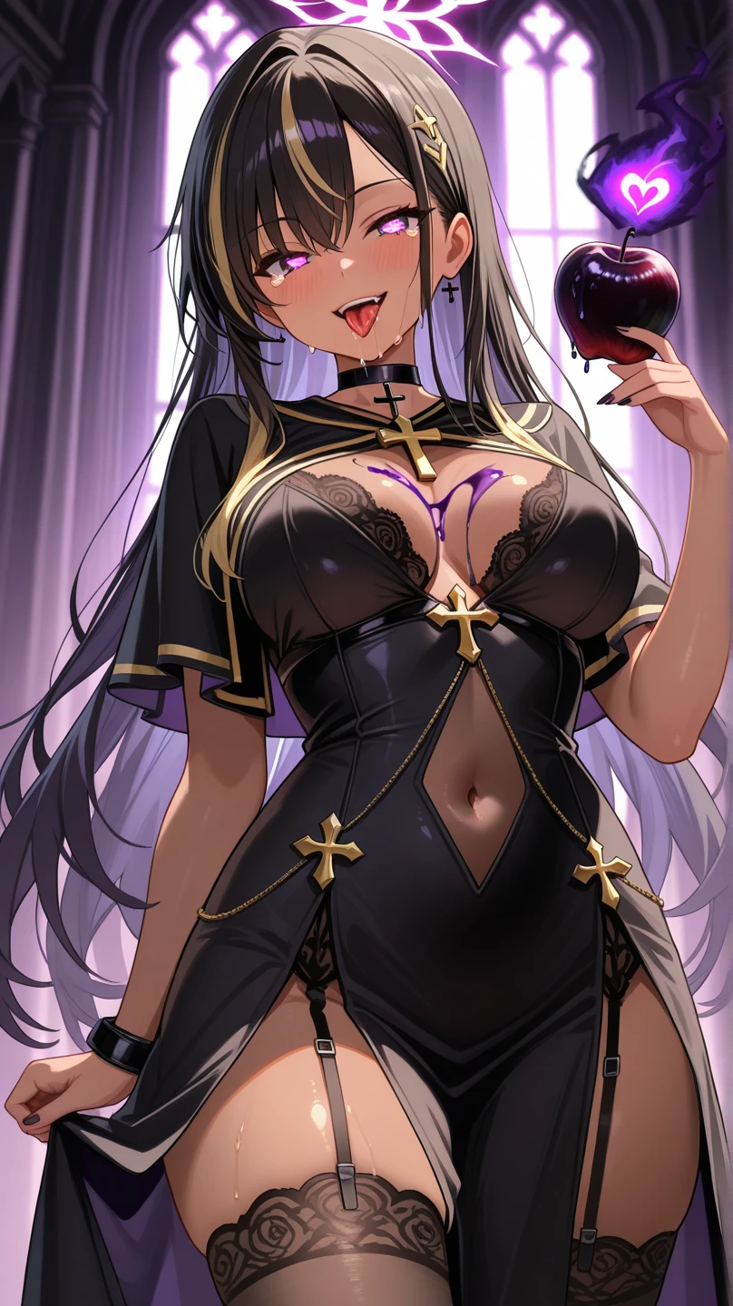 ((Tabletop, Highest quality, High resolution, , Pixel Perfect, 4K,))), 1 female, 、The whole body is visible、 ((Long Wavy Hair, bangs, Brown Hair)), ((Brown eyes, Beautiful eyelashes, Realistic eyes)), ((Detailed face, Blushing:1.2)), ((Smooth texture:0.75, Realistic texture:0.65, Realistic:1.1, Anime CG Style)), Medium sized breasts, Dynamic Angle, Perfect body, (( , , Beautiful Priest、、 Priest off-shoulder jacket、Priest Flare Skirt、、)), Gold Hair Ornament、Cross Necklace、Earrings、Very embarrassing panic smile, 、Gorgeous church basilica、、Hold a big Bible、Leaning forward、Stick your butt out、Lacy pink bra、、、、、 、Angle from below)、