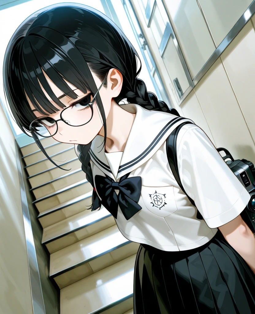 (((go up the stairs、Rear view)))high school girl、summer sailor suit、black tights、low length、(((((Eyes hidden by long bangs)))))、((([freckles:0.8]、long black hair:1.2　hair band　blush)))(((Black Rim Glasses:1.2　black eye)))、School、hold the back of the skirt with your hands、[white panties:0.3]、looking here、Upper body