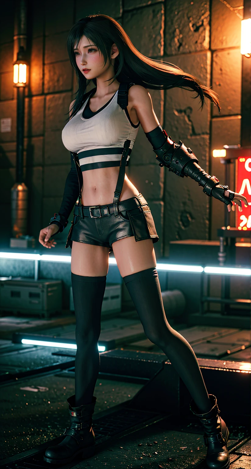 (8k、Highest quality、masterpiece:1.2)、(Realistic、Realistic:1.3 people 7)、Very detailed、girl 1 mature mature woman mature woman people、cute、alone、、、、、、(Tifa Lockhart)、(Large Breasts)、(((Huge boobs)))、(((Shift clothes to show bra)))、(((Black Bra)))、(Beautiful Eyes)、(A cheerful smile:1.2)、(Closed)、Sexy pose、dance、neon、Cityscape、Depth of written boundary、Dark and strong shadows、Sharp focus、Auto、Motion Blur、bicycle、Depth of written boundary、composition、Glowing green light、Final Fantasy VII、tool、(鼻がredくなる)、Single Elbow Pad、Ankle boots、Dark black hair、Black thighs、red boots、Elbow hand pockets、Elbow pads、Fingerless gloves、Tight shirt、Play sports often、(suspenders,,,,,)Black Skirt)、tights、White tank top、whole body、Headrest、Lips、facial、Low Thai Long Hair、(red_It seems))、Yellow Flower、(night:1.3)、Complex、Bokeh、Cinema Lighting、Photon Mapping、Radio City、Physically Based Rendering、(Tetsuya Nomura Style)、Browsing Caution、Perfect breasts