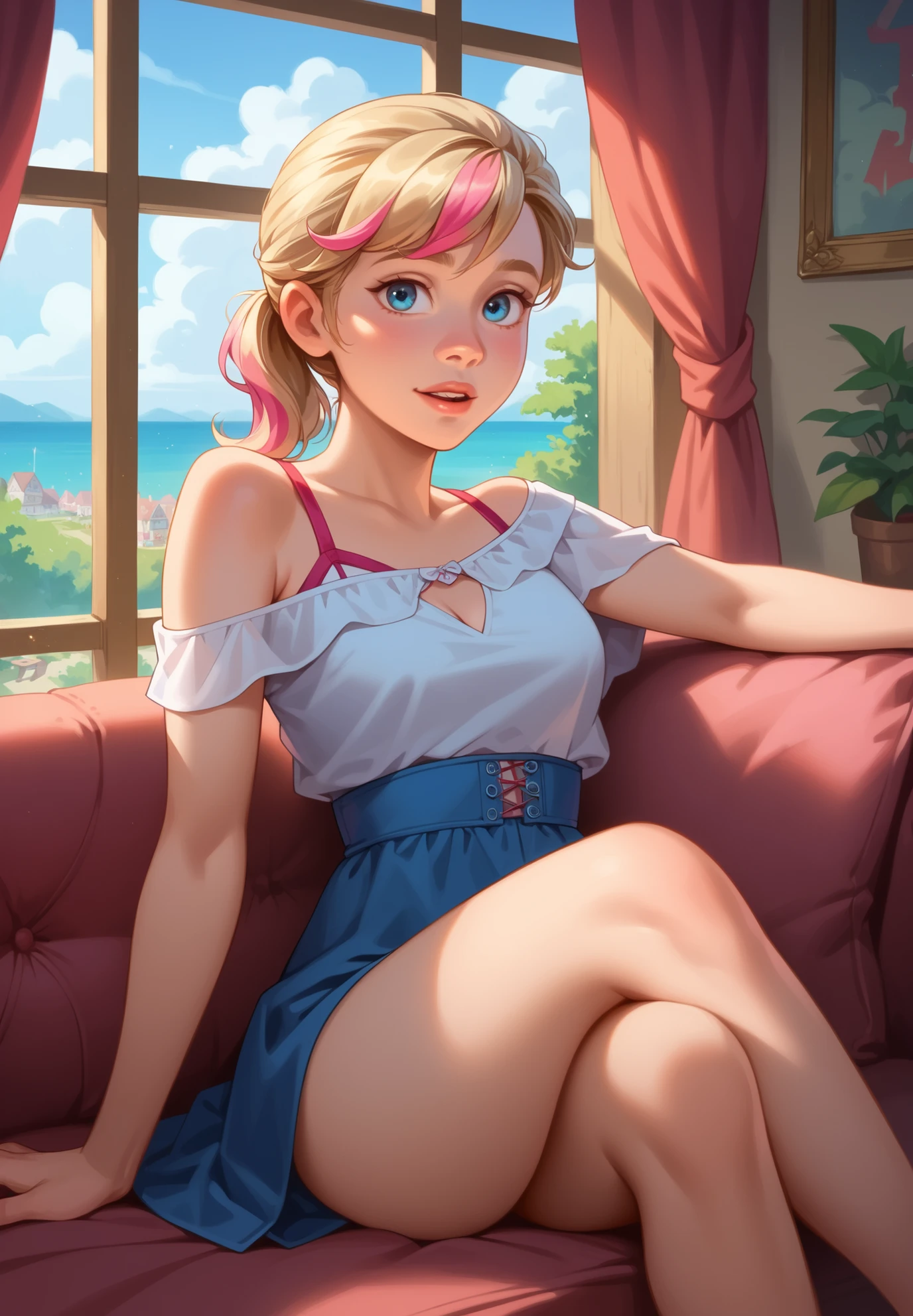 1girl, solo, Riley Andersen, Inside Out, parted lips, blonde ponytail hair with pink highlights, sitting on a sofa, sexy pose, alluring atmosphere,night time, seaside town, beautiful lighting and shadows,masterpiece,top quality,warm color,high resolution,high fashion,absurdres extremely,vivid colors,intricate details,best quality,amazing quality,very aesthetic,newest,ultra-detailed,
