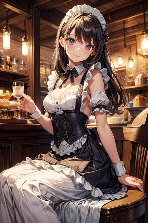 masterpiece,Highest quality,Very detailed,Maid Girl,Maid clothes,Long Skirt, teenager,Perfect Face,smile,Beautiful and detailed eyes,Beautiful Skin,skinny,Small breasts,Dynamic,Antique coffee shop
