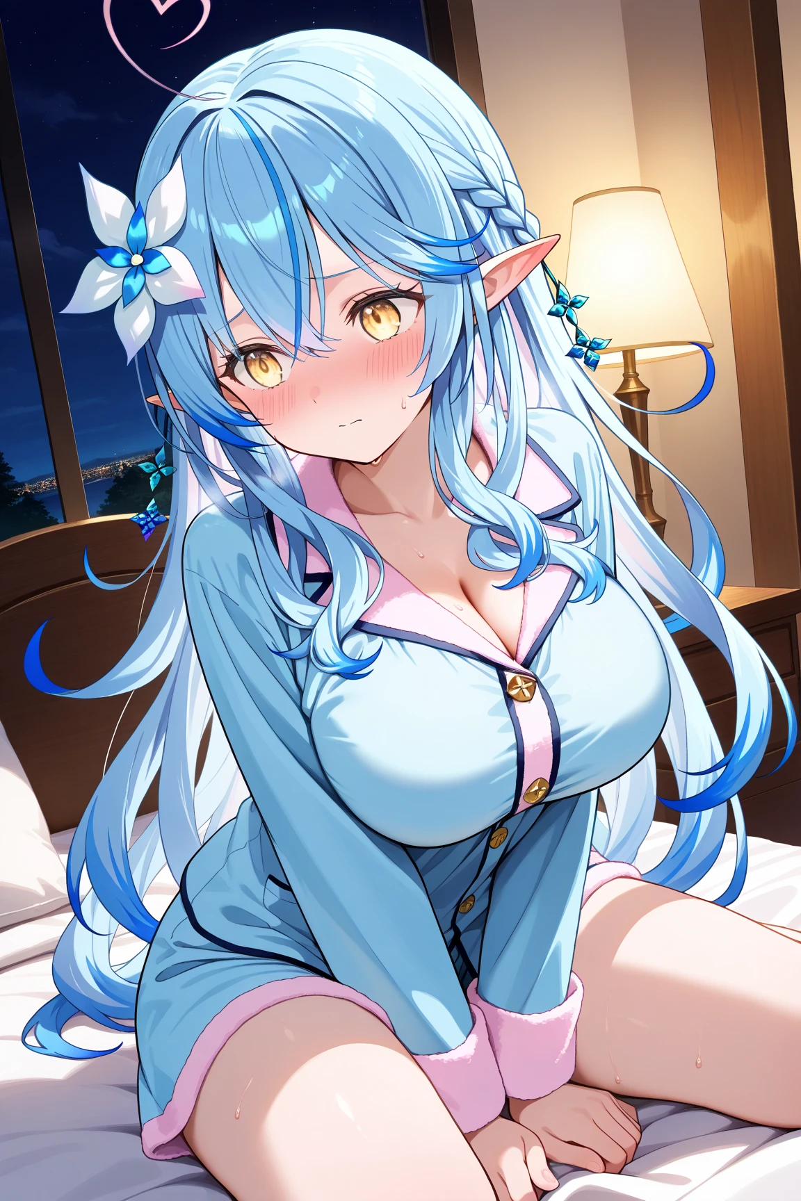 modelshoot style, (masterpiece:1.3), (absurdres:1.3), (best quality:1.3), (ultra-detailed:1.3),(best shadow:0.7), (handled hair), pureerosface_v1, perfect anatomy, 1girl, solo, large breasts, cleavage, virtual youtuber, yukihana lamy, light blue hair, hair between eyes, yellow eyes, pointy ears, long hair, heart ahoge, hair flower, gradient hair, gradient eyes, sleeveless, strapless dress, strapless, bare shoulders, cleavage, large breasts, sightly smile, pov, facing viewer, look at viewer, from above, close-up, leaning forward viewer, night sky, indoors, jewelry, necklace,