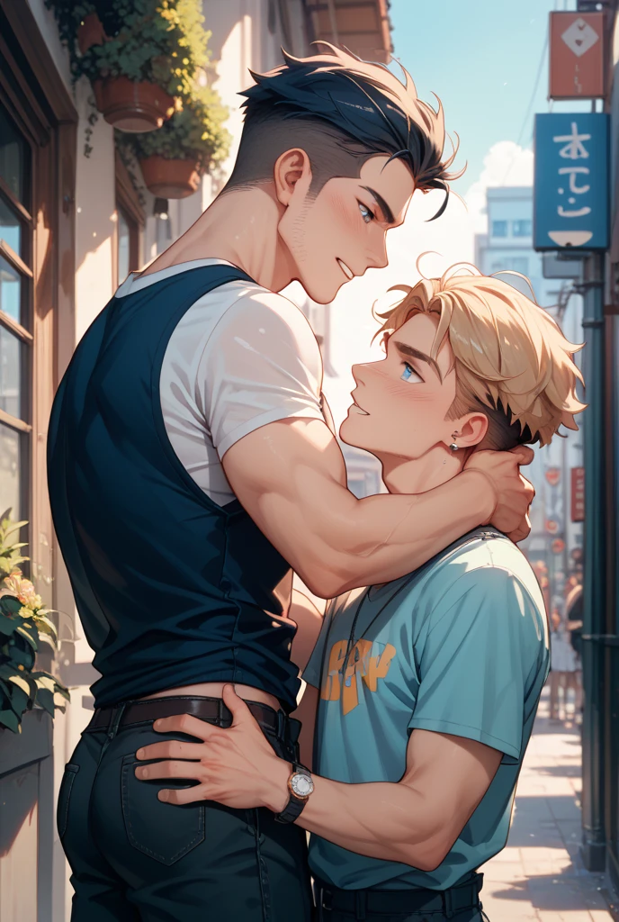 best quality, masterpiece, yaoi, 2 boys, two handsome young men sitting in Ferris Wheel, carnival in the background, perfect fingers, no watermark, no logo, no signature