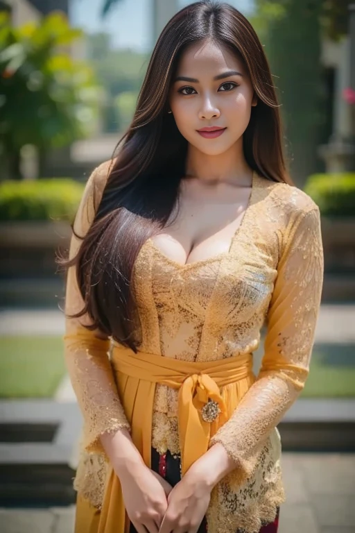 1 Indonesian girl, 25 years old, fashioned tied hair, dark-haired, slim body, small cleavage, looking_at_viewer, medium breast, skintight red and gold transparent kebaya, batik skirt, closep-up shot, garden, masterpiece, depth of field, natural shading, highly detailed, ultra hd, 8k, detailed face, bright eyes, perfect eyes, detailed skin texture, detailed lips, sexy lips, perfect hands, dynamic poses, dynamic angle, holding hand position