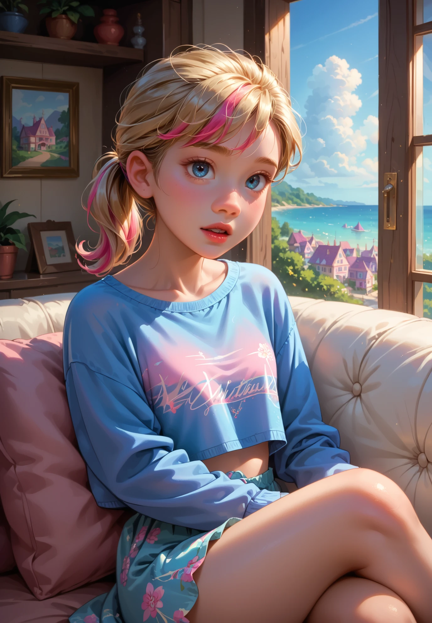 1girl, solo, Riley Andersen, Inside Out, parted lips, blonde ponytail hair with pink highlights, sitting on a sofa, sexy pose, alluring atmosphere,night time, seaside town, beautiful lighting and shadows,masterpiece,top quality,warm color,high resolution,high fashion,absurdres extremely,vivid colors,intricate details,best quality,amazing quality,very aesthetic,newest,ultra-detailed,
