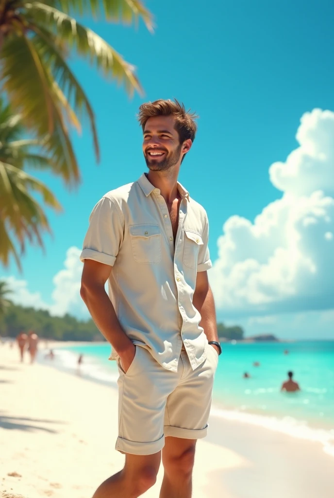 Tall Man, white, blonde hair with beard, blue eyes, thin clothing: light blue short sleeve shirt, bermuda jeans, sombrero, Sandals, excited with open hands and relaxed posture