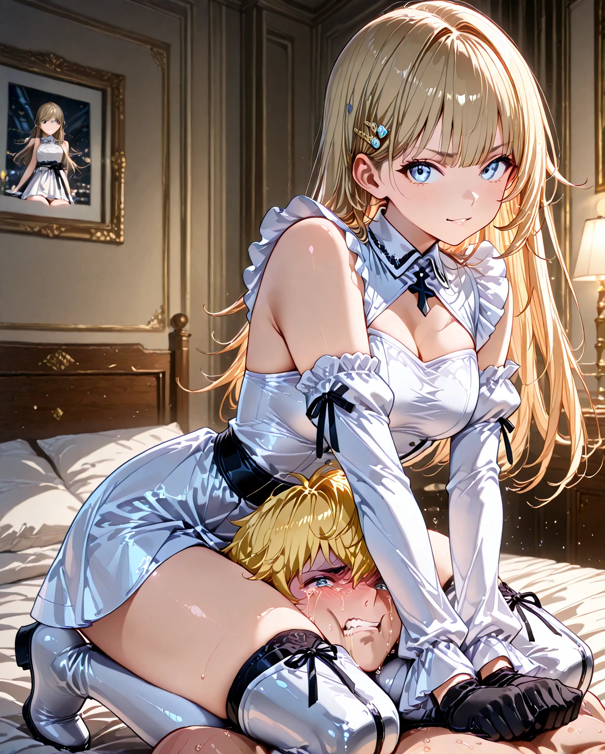masterpiece、Highest quality、Ultra-high resolution、Maximum resolution、Very detailed、Professional Lighting、anime、Adult female、thin、so beautiful、Beautiful Face、Maid uniform long skirt、((Blue and white armor))、Shiny Armor、Holding a bow、Gold earrings、blonde、Purple eyes、Pink Lips、shortness of breath、Hot Breath、In front of the entrance、Full Body、 Bent body、Lie in, Look to the side, Worried face, Female genitals in full view, Drunk look, Hot body、Sweaty、