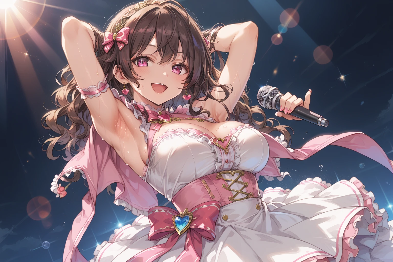 adult woman、exact number of fingers、Exact number of legs、Exact number of arms、bangs, ribbon ponytail, brown hair, (blush:1), (put one hand in your panties:1.8), fingering, (pussy juice:1.2), cum in mouth, (A woman is holding a microphone and is about to sing:1.5)、white and navy idol costume、That costume includes a navy blue idol-style corset., That costume has a ribbon on the collar.、The costume covers the shoulders, sides, upper arms, and arms., That costume only opens wide at the chest.、high socks、white idol style skirt, (Detailed and luxuriously decorated underwear:1.3), Ribbon at collar, (White and pink panties with lots of lace:1.3), white lace bra:1.2), sexy underwear, Thighhighs、 beautiful big breasts, (erect nipples:1), the skirt is turned up、highest quality, High resolution, (detailed and beautiful eyes:1.6), highly detailed face, perfect lighting, Very detailed CG, (perfect hands, perfect anatomy),embarrassed expression、The expression that you are holding back from going to the toilet, (sexual pleasure expression:1.4), (expression of agony:1.2)、sexy look、look upward、mouth half open、Climax、(live stage、a lot of spectators:1.3)、whole body