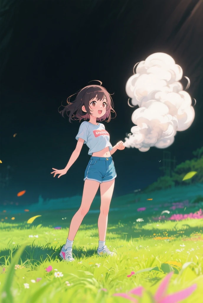 1girl,The girl farts lougly,no pants,white t-shirt,blue skirt,white panty,black hair,farting(yellow smoke),farting from asshole,big fart,strong fart