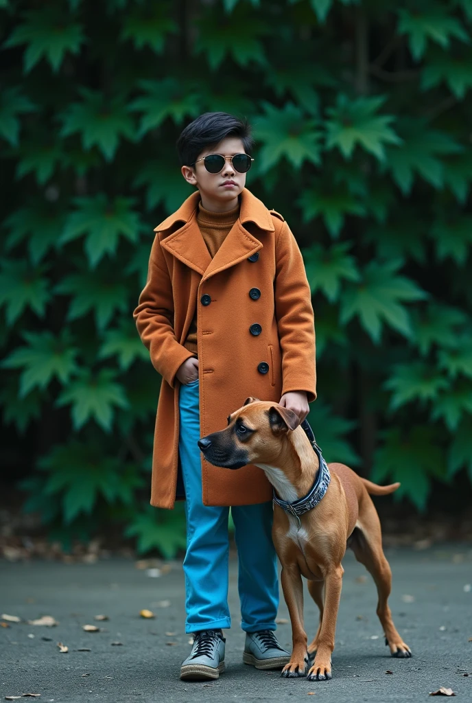 Create a boy, look at the armor, the boy has to be wearing a red coat with a big black dog on the side. 
