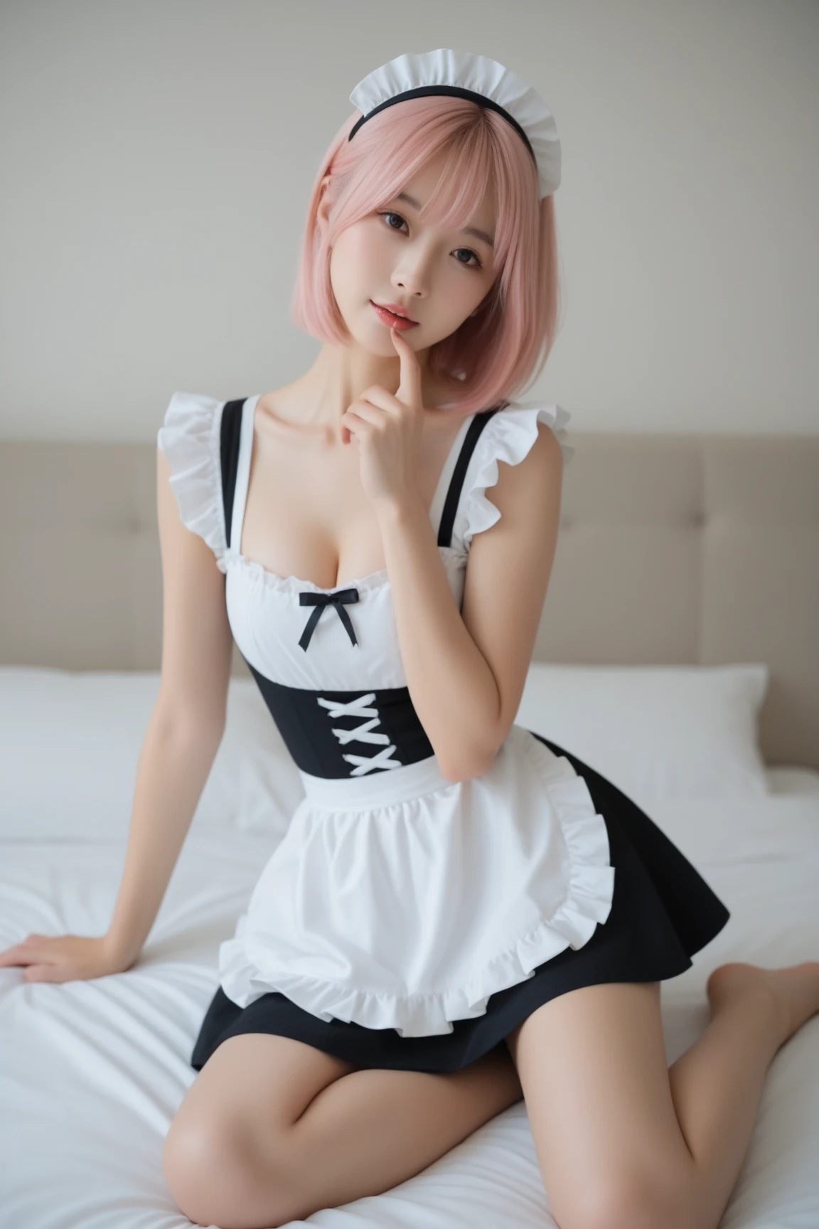(8K, top-quality, masterpiece:1,2), (reallistic, Photorealsitic:1.37), Super Detail, One girl,), (Highly detailed), (beautifully detailed eyes), (of the highest quality), (super detailed ), (masterpiece), (Detailed face),20yr old, ,1 girl, ((pink hair,Very short hair)), medium breasts, clothed, Perfect Lighting, BREAK (black lace apron:1.3), (white bodysuit:1.4), tight and sexy silhouette, (white frills and ribbons:1.2), collar, gloves, (white knee socks:1.2), (black high heels:1.3), (white headband:1.2), earrings, BREAK bangs cover right eye, earrings, smile:1.5, point gun at camera, left hand on hip, shoulders back, emphasize chest, (bright mansion:1.2), sunlight from window, paintings and decorations on wall, carpet and furniture on floor, (sunlight on face and chest:1.3), sparks from gun muzzle, light reflects on earrings and frills