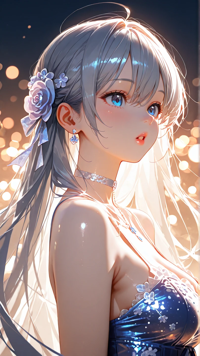 masterpiece, Best night, full moon, A woman, Mature woman ,Cold Face, Expressionless, silvery white, Long Hair, woman, (Very delicate and beautiful face), (Beautiful eyes in every detail), Pale pink lips, Calm, intellectual, Three Belts, Grey Eyes, Flowers, 