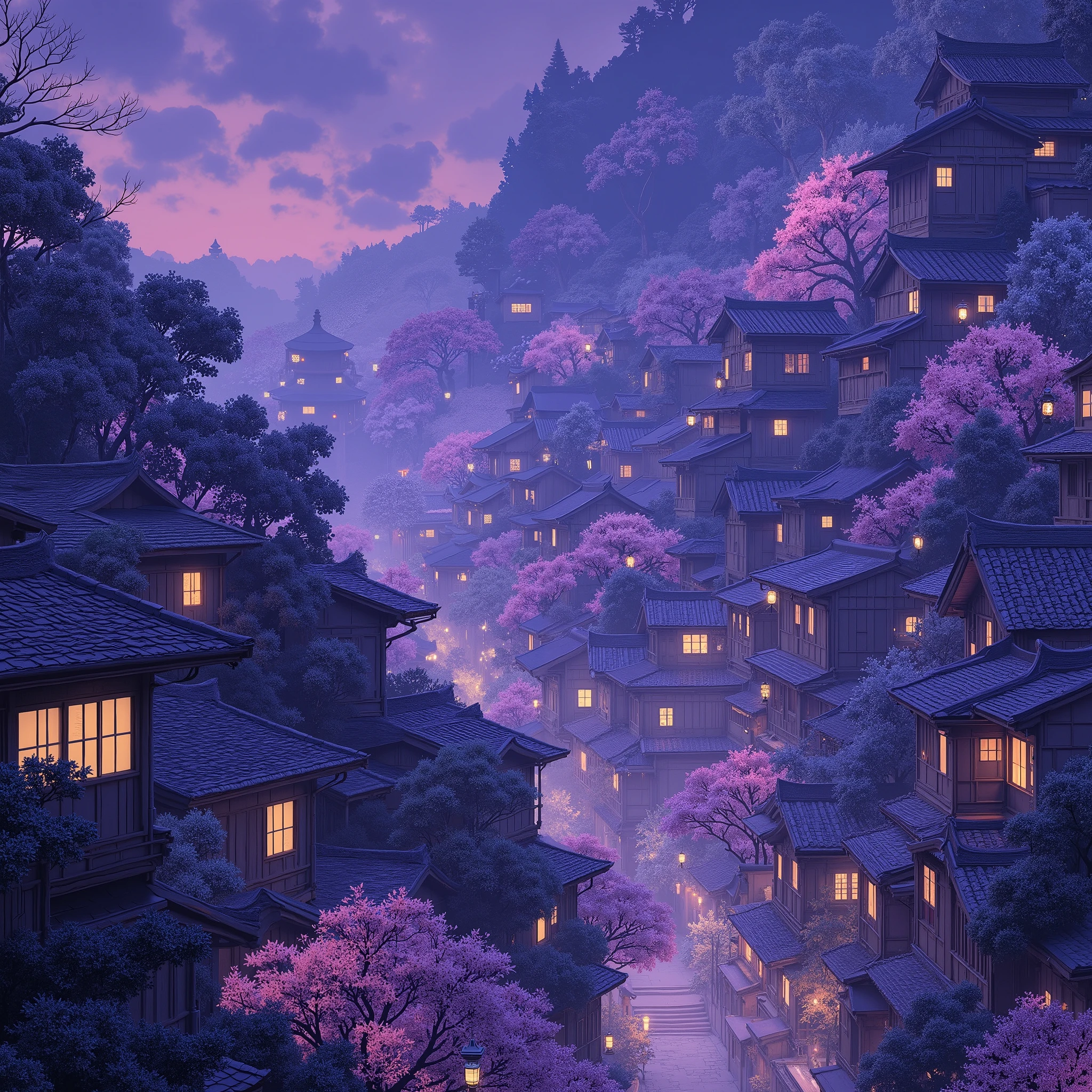 A fantastical night scene of a mist-covered Japanese mountain city. Traditional wooden buildings with tiled roofs densely line the slope, each glowing warmly through shoji-style windows. The atmosphere is serene and otherworldly. Subtle cyberpunk details—faint neon trims, holographic lanterns, and softly glowing cables—add a gentle futuristic touch without overwhelming the traditional feel. No people are present. The night sky fades from deep purple to indigo, and the entire scene glows with quiet magic. A hyper-detailed, 4K view blending realism, tradition, and soft sci-fi in a dreamlike cityscape.