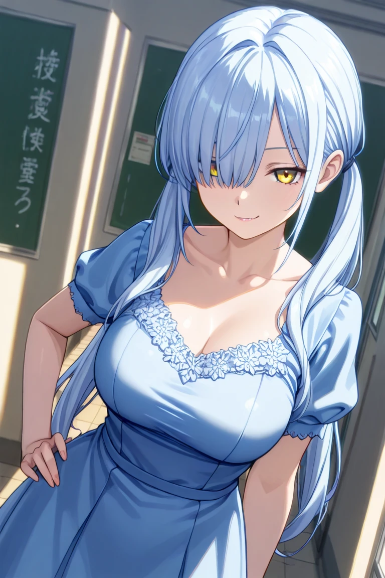 masterpiece, best quality, absurdres, perfect antomy, ((anime Illustrator)),best quality,highly detailed,detailed beautiful face,1girl,smiling ,large breasts,detailed skin,wedding dress,bare shoulders,strapless,flower,moonlight,church,large breasts,huge breasts,sasagging breasts, kimetsu no yaiba art style, leaning forward, hands on breasts, beautiful detailed eyes, beautiful detailed lips, extremely detailed face and eyes, long eyelashes, wink, one eye closed, curvy, wide hips, thick thighs, nude, braided ponytail, light blue hair, white hair, blue eyes, white eyelashes, masterpiece, cinematic lighting, cool color palette, highly detailed, hyper realistic, 8k, photorealistic, studio quality, sharp focus,