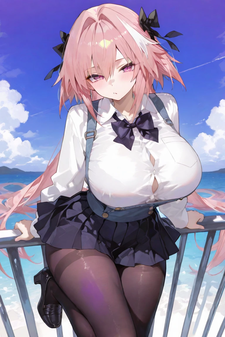 s elf, hime cut, long hair, light pink hair, mini sailor uniform, exposed navel, mini skirt, J cup breast, thicc thigh, black thong, thigh highlights, summer town, masterpiece, perfect, clear view.