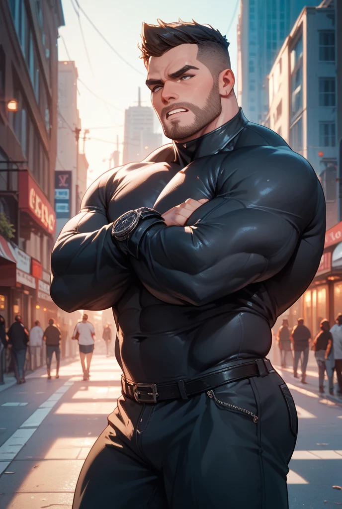 Big dark black horse,the second ((perfect anatomy)), naked,((photorealistic)), male, center, walking down the street, huge and muscular male ((good anatomy)), long black hair, (detailed green eyes), Beautiful skin, HDR, 45 mm NSFW, average, modern city, Buildings, A car in the background, Contour light, black high boots, macro, massive body, black fur, huge big pecs, erect penis, big penis, anatomically correct genitals