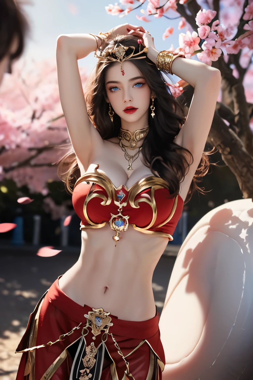 "1 beautiful girl wearing a traditional costume, a long thin pale pink dress made of meticulously made silk, deep slit shirt, historical style costumes, sexy ancient style, jet black curly hair, the most beautiful and detailed hair jewelry, beautiful little face thin eyebrows, the most beautiful and spotless face, ((black iris:0.8)), the very beautiful eyes, big round eyes, ((brown pink color eyes:1.1)), fine and detailed makeup eyelashes, high nose, wearing earrings, small red lips, rosy face, clean face, beautiful face without blemish, smooth white skin, ((big breasts:1.2)), Blums boobs, ((big and super round breasts:1.5)), ((super tight breasts:1.2)), ((breast augmentation:1.5)), beautiful breasts, slim and petite body, ((thin waist: 0.9)), frontal portrait of a beautiful girl, sexy girl, skirt, fishnet stockings color coordinated according to the outfit, pose elegantly, elegantly, and politely, 8k photo, super high quality, super realistic, 10x super pixels, photo realistic, dark studio, border light, two tone light, (detailed skin high: 1.2), 8k uhd, dslr, soft light, high quality, volumetric light, candid, Photo, high resolution, light, best photo, 4k quality, 8k, Bokeh, Smooth and sharp, pixel up 10 times, lightning, super graphics, the most realistic graphics, (((red thunder background:1.4)))1 girl, alone, solo, (((frontal portrait:1))), Extremely sharp, super realistic images, ((outside scene of falling peach blossoms:1.2))), ((angle shot tilted from bottom to 45 degrees)),"