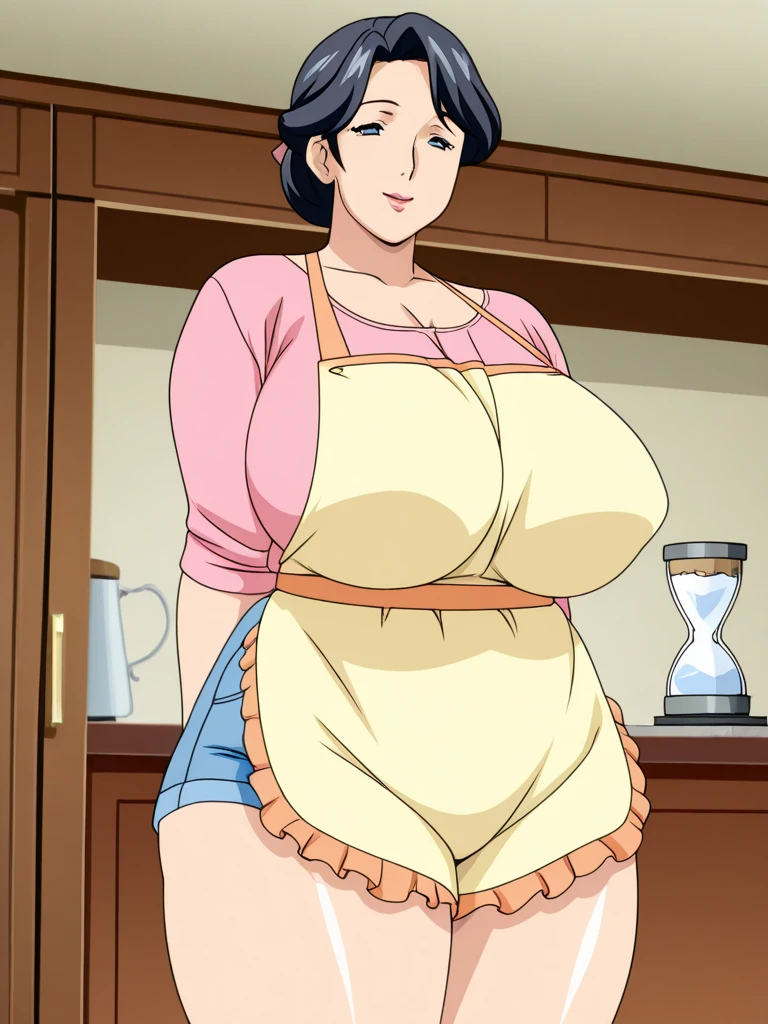 masterpiece, highest quality, High resolution, 1girl, 1boy, The man is obese and has a shaved head., Men are naked, men are faceless, ((((Sexual intercourse, porn image, hard porn, hetero)))), short hair, etsukoto, Detailed eyes, Detailed eyes, (((thick thighs, plamp thighs, voluptuous thighs, ample thighs))), Big and ample breasts, cleavage, Huge long breasts, Naughty big,((Big breasts are important))、((Naughty thighs)), L Cup, (thin:1.4),(Thin waist:1.4), (Perfect beautiful yellow dress:1.4), ((White waist apron)), Embarrassed look, look away, (((simple background))), ((white panty)), ((wide hips)), Shiny oily skin, Mature mother, Calf, Seductive mature woman, Perfect body, ((flesy)), Plus Size Model, etsukoto, blush, clavicle, retro artstyle, 1990s (style), ((her crotch is grabbed by a naked man)), naked, ((nsfw)),