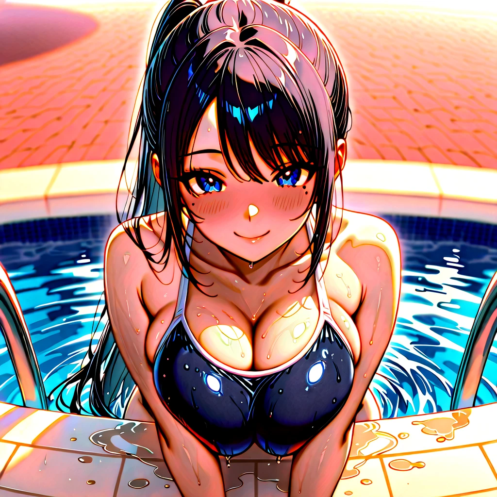 score_9, score_8_up, score_7_up, score_6_up, score_5_up, score_4_up,cute, girly, 1girl, nessa (pokemon),rurina (pokemon), (looking up:1.1), (leaning forward:1.1), sweat, wet, dripping, indoors, in the pool,embarrassed, 1boy, completely nude,cleavage,beautiful nipples,handjob, penis, (fellatio:1.4), (wet breasts:1.4), frown