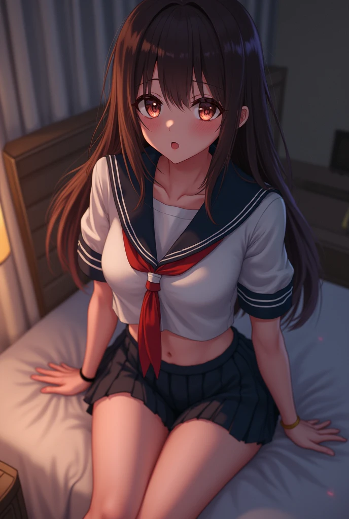 ( high quality, high resolution, complex and detailed depiction, masterpiece, Raw photo,POV, Angle from feet, Photorealistic 3DCG, perfect anatomy:1.2),( one woman, 16-year-old, Brown hair, long hair, messy hair, cute face, beautiful brown eyes, thin pubic hair,look pussy),( Blushing cheeks, embarrassed expression, open mouth, tears, virgin, ),( high school girl uniform , miniskirt, no panties, bare feet,),( sleep on the bed, open your legs, lift up skirt )