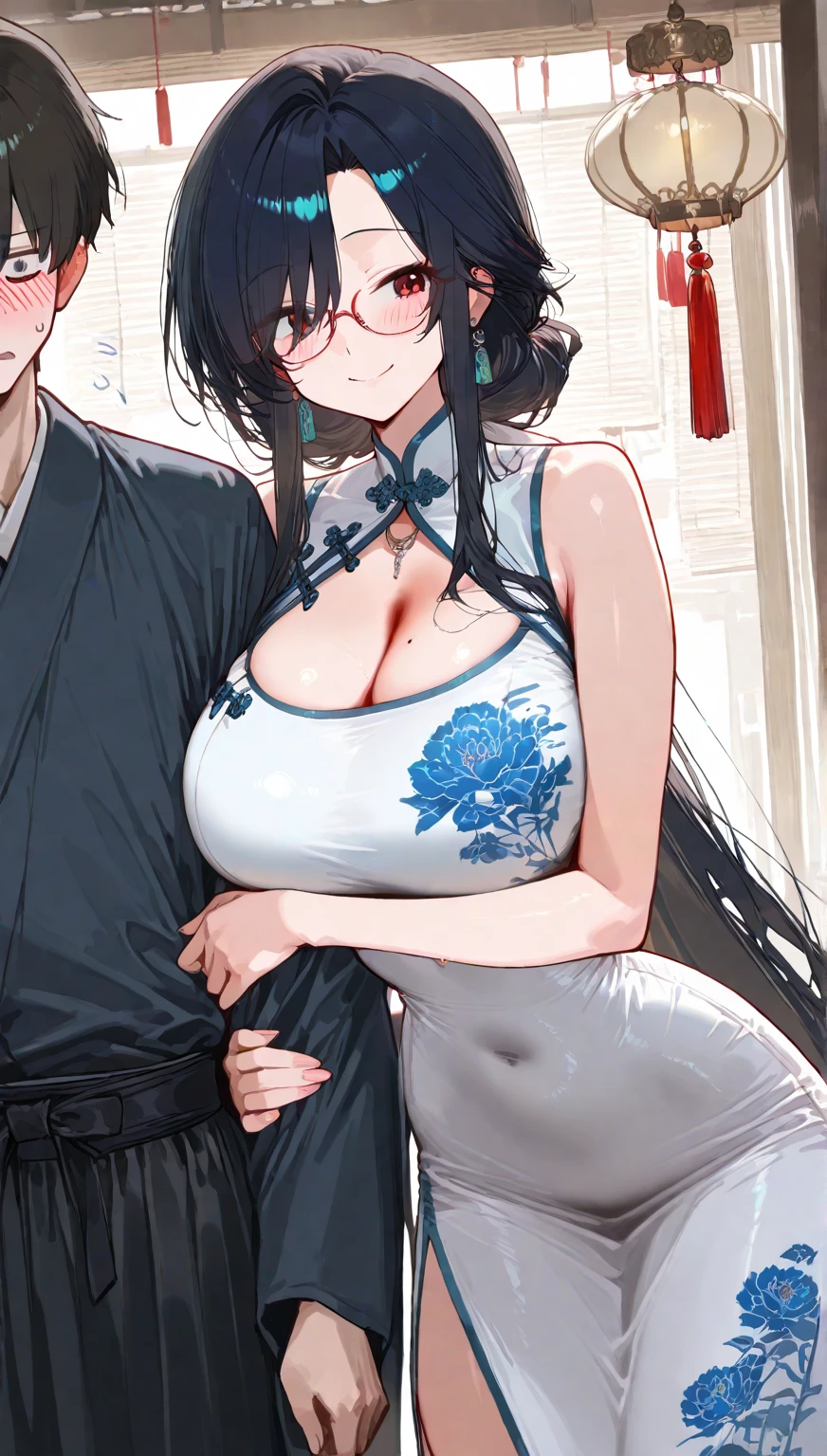 Hot sexy beautiful milf intense sex with ugly bald old man in butterfly position, tassel earrings,big breasts, lipstick,makeup,black hair,long hair,blush,black eyes,1 girl,1 boy, necklace ,cross hair between eyes, single braid with blue ribbon, lingerie ,ahego face, nipple piercings