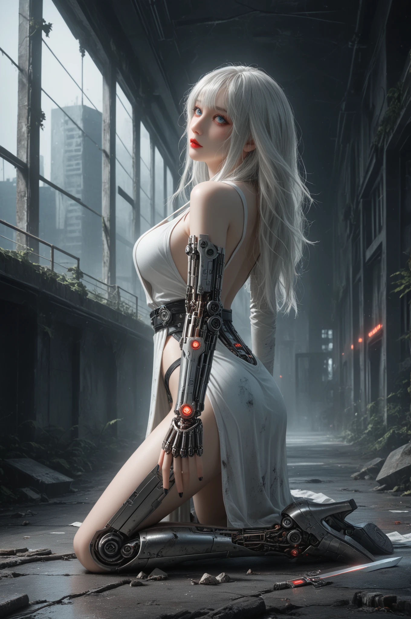 absurderes, spooky ambiance, (Best quality:1.1), (Masterpiece:1.2), Highqualityshadow, Beautiful detailed, (highdetailskin, skin detailed), (Wide landscape, 8K), Depth of field, A high resolution, Best illumination, 1girll, Single girl, (Very sexy), Outdoors, The background is blurred out, HD hair, cleavage, Beautiful face, Perfect skin, Long hair, White hair, Very small breasts, ((1机械女孩)), Solo, full body, (machine made joints:1.2), ((Mechanical limbs)), (blood vessels attached to the tube), (Mechanical vertebrae attached to the back), ((mechanical cervial attaching to neck)), (wires and cables attaching to neck:1.2), (wires and cables on head:1.2)(Character focus), Science fiction, White background, Thread hair, Cable wool, hugging own legs, (Blood:1.5)