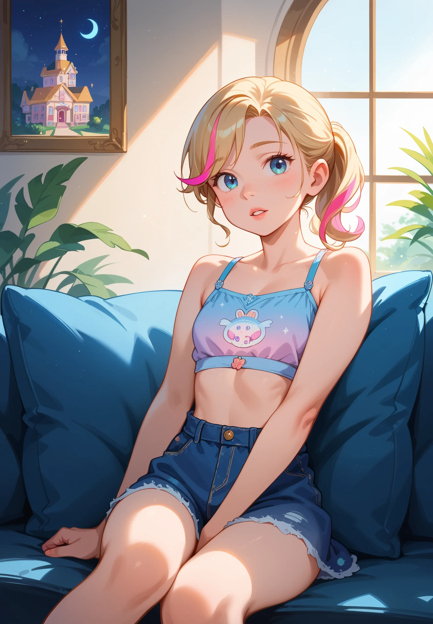 1girl, solo, Riley Andersen, Inside Out, parted lips, blonde ponytail hair with pink highlights, sitting on a sofa, sexy pose, alluring atmosphere,night time, seaside town, beautiful lighting and shadows,masterpiece,top quality,warm color,high resolution,high fashion,absurdres extremely,vivid colors,intricate details,best quality,amazing quality,very aesthetic,newest,ultra-detailed,