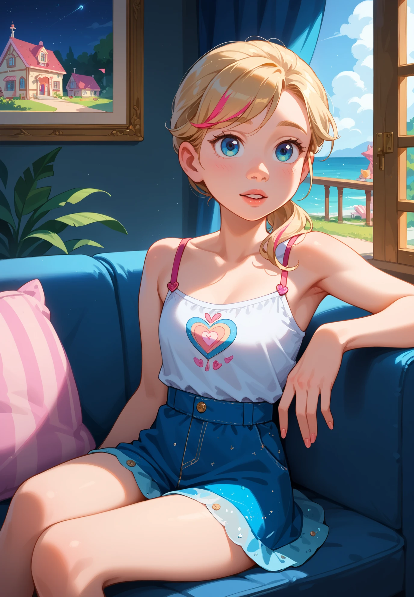 1girl, solo, Riley Andersen, Inside Out, parted lips, blonde ponytail hair with pink highlights, sitting on a sofa, sexy pose, alluring atmosphere,night time, seaside town, beautiful lighting and shadows,masterpiece,top quality,warm color,high resolution,high fashion,absurdres extremely,vivid colors,intricate details,best quality,amazing quality,very aesthetic,newest,ultra-detailed,