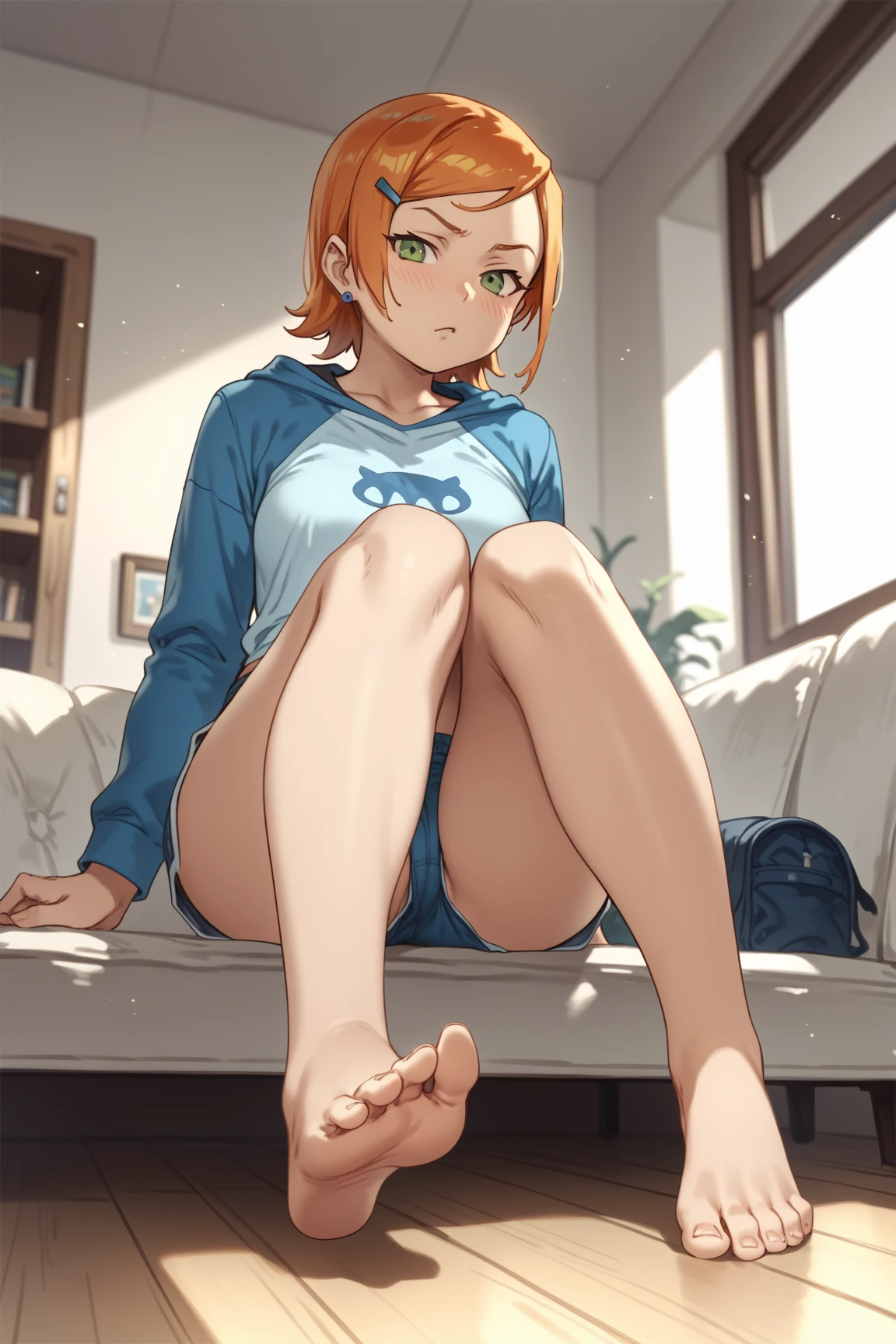 realistic, Beautiful detailed girl, clear and beautiful, Personage as the main perspective, shiny_skin, girl,woman,female, young,25 years old, (medium hair), bangs, (Top knot), sidelocks, orange hair, (beautiful detailed Glass hair), pink streaked hair,beautiful detailed cold face, cold expression, complex details beautiful and delicate eyes, fingernails, medium_breasts, , orange eyes, Authentic skin texture, (piercing), necklace, tank_top, short_shorts, knee_boots, bloom,(line art:1.2),realistic illustration,unreal engine,(GoPro),insanely detailed,perfect shading