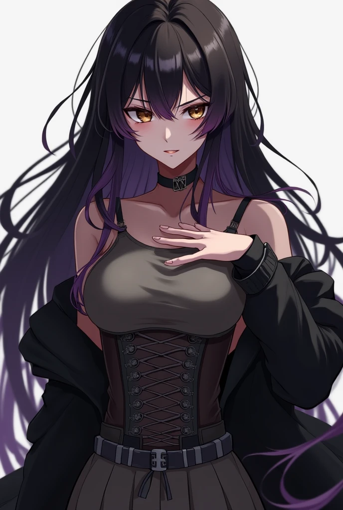 Full length anime girl, White background. young girl, 21 years old, with an arrogant expression on his face, with different eyes (one blue, Other purple), and black hair with acid red tips. Nose pierced, left ring. The girl is dressed in a long black coat and lace-up boots. The girl's mood is coldness and independence, her look is full of confidence. Pay attention to the details of clothing and accessories, emphasizing her style and individuality. Tatyana comes across as a rude and tough girl, but behind this mask hides a gentle and defenseless personality.