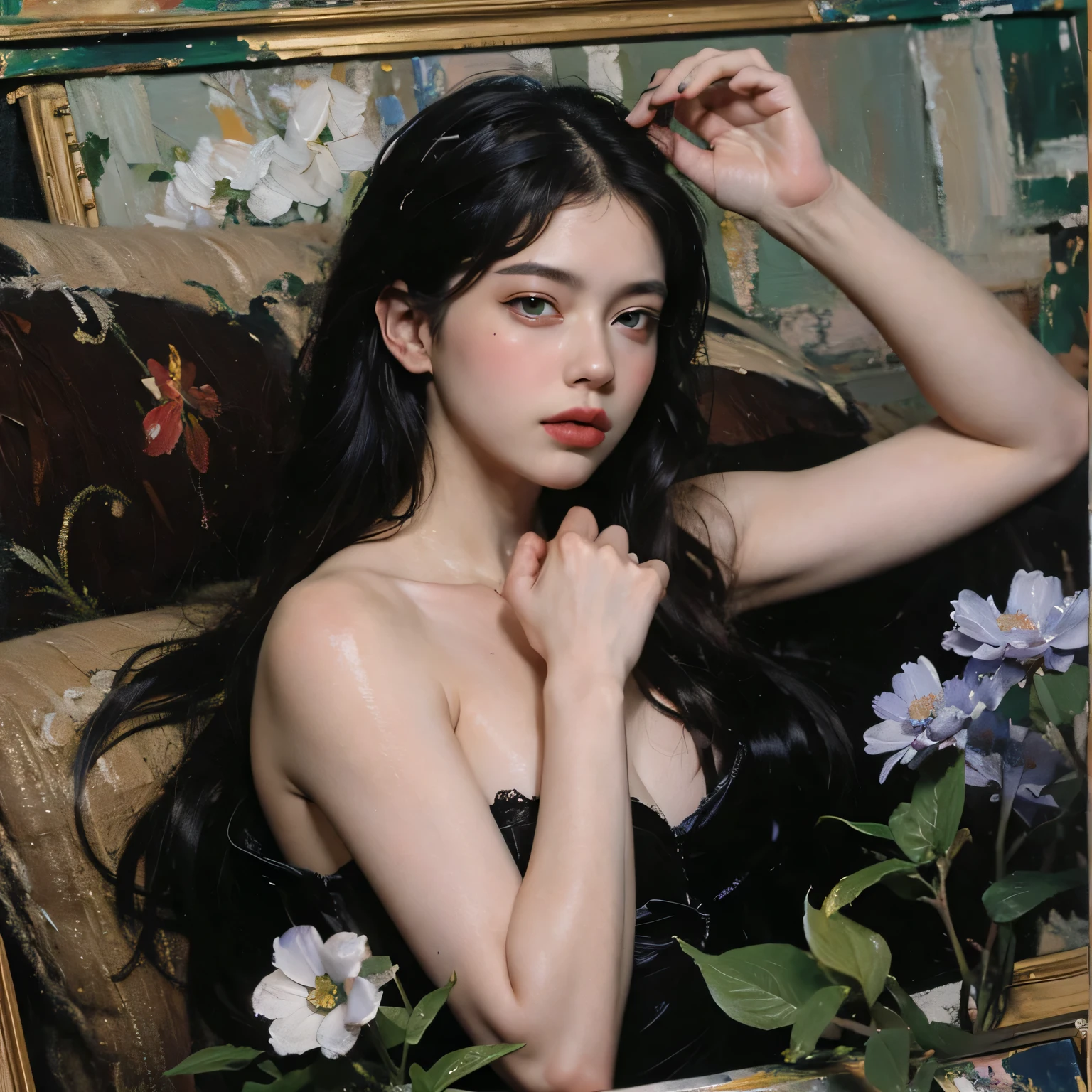 Top quality photo of sexy beautiful woman in front of wall covered with flowers:1.2),(Luis Royo, fantasy and erotic, :1.2),beautiful and stylish woman, Surreal portrait of a beautiful girl, Glowing, natural skin texture,(Particles of light are floating ), (complete anatomy:1.2),(perfect female body:1.3),close-up photo, Glowing, natural skin texture, fantasy art, soft front lighting, beautiful expression, Cute face,(overly detailed face, looking at viewer), detailed eyes, black eye, shiny lips ,beautiful breasts, big bust: 1.2, good eyes, clear and eye-catching, beautiful and fascinating, beautiful eyes, thin waist, physically thin, Beautiful appearance, red lips, ((black hair, long hair)) , 1 screen view, (sexy posture),((((all nude ,lots of pubic hair)))),(smile),(best quality, table top, very detailed, Ultra A high resolution, realistic, RAW photos, absurd, absolute resolution:1.4),((There is a lot of gap between the crotch)),(((back,Look back))),