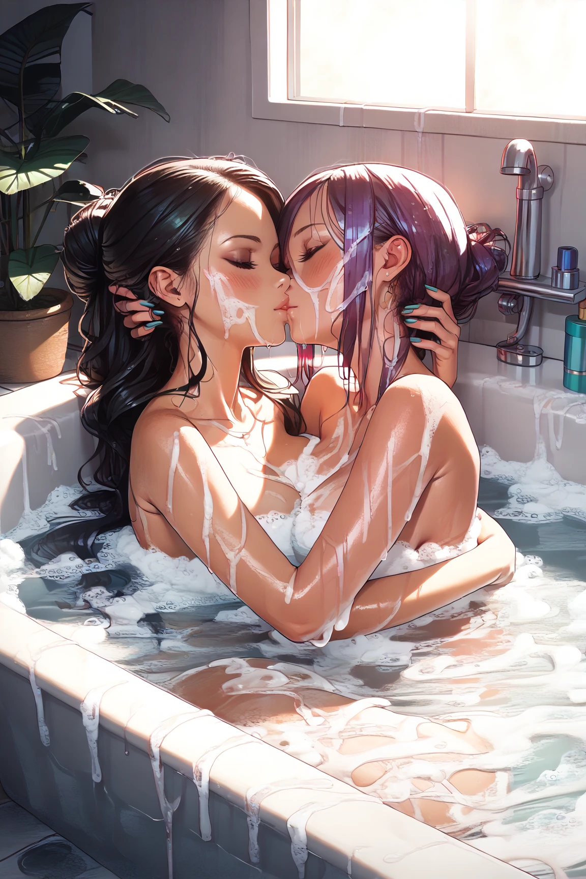 anime, moe, adult woman, undressed, kiss between women, lick each other's tongues, string bikini, hugging, big, long hair, pink walls, pink lighting, women's bath