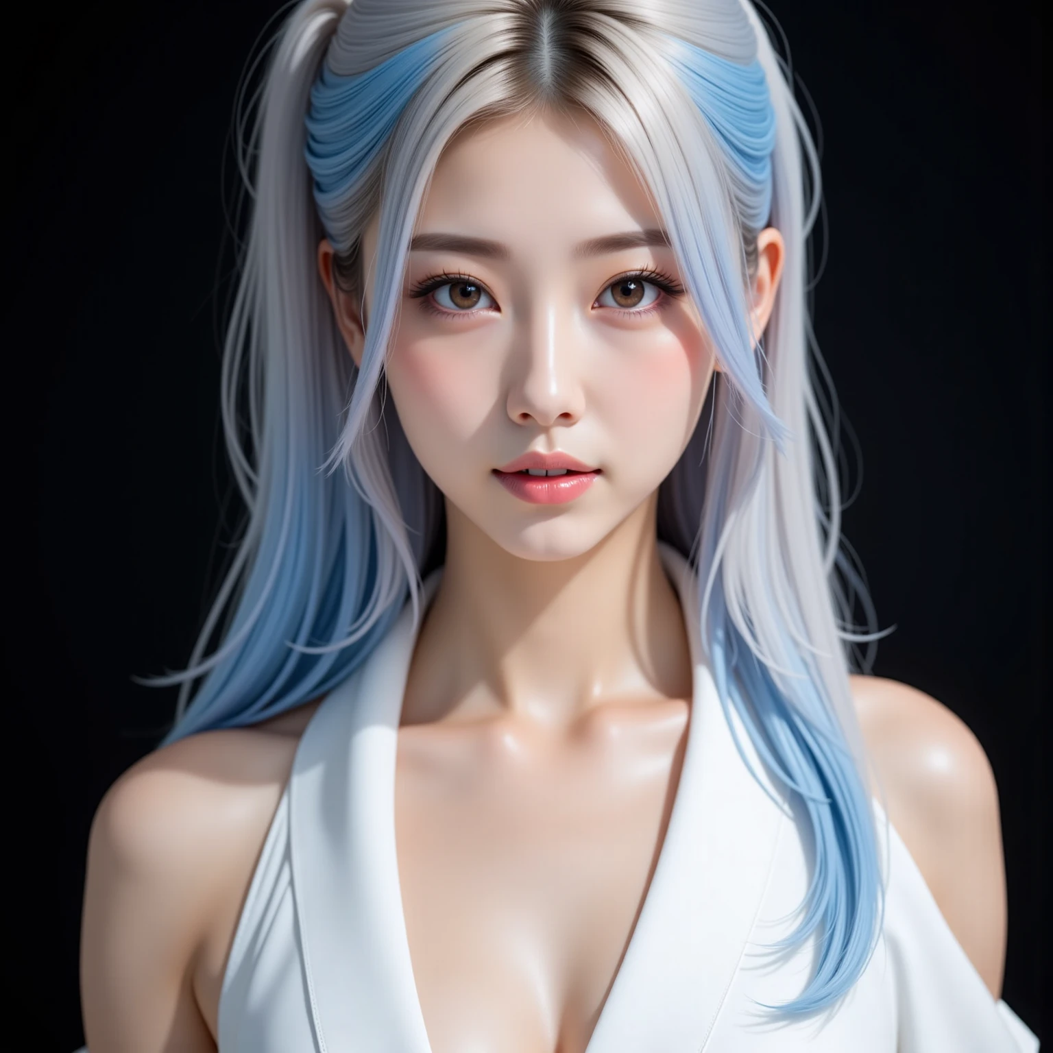 best quality,masterpiece,8k wallpaper,absurdres, highres, ultra detailed, (1 young beautiful girl, solo:1.1),yamato (one piece),breasts,sideboob, horns, shimenawa,japanese clothes, rope, multicolored horns, multicolored hair, long hair, sleeveless kimono,curled horns, hair stick, earrings, red horns, hair ornament, jewelry,bare arms, kimono, sleeveless,oni,bare shoulders, large breasts, brown eyes, white hair, aqua hair, collarbone, hakama, two-tone hair, sidelocks, high ponytail, upper body, v-shaped eyebrows,<lora:Yamato_NOFACEtaaa0.5:1>
BREAK