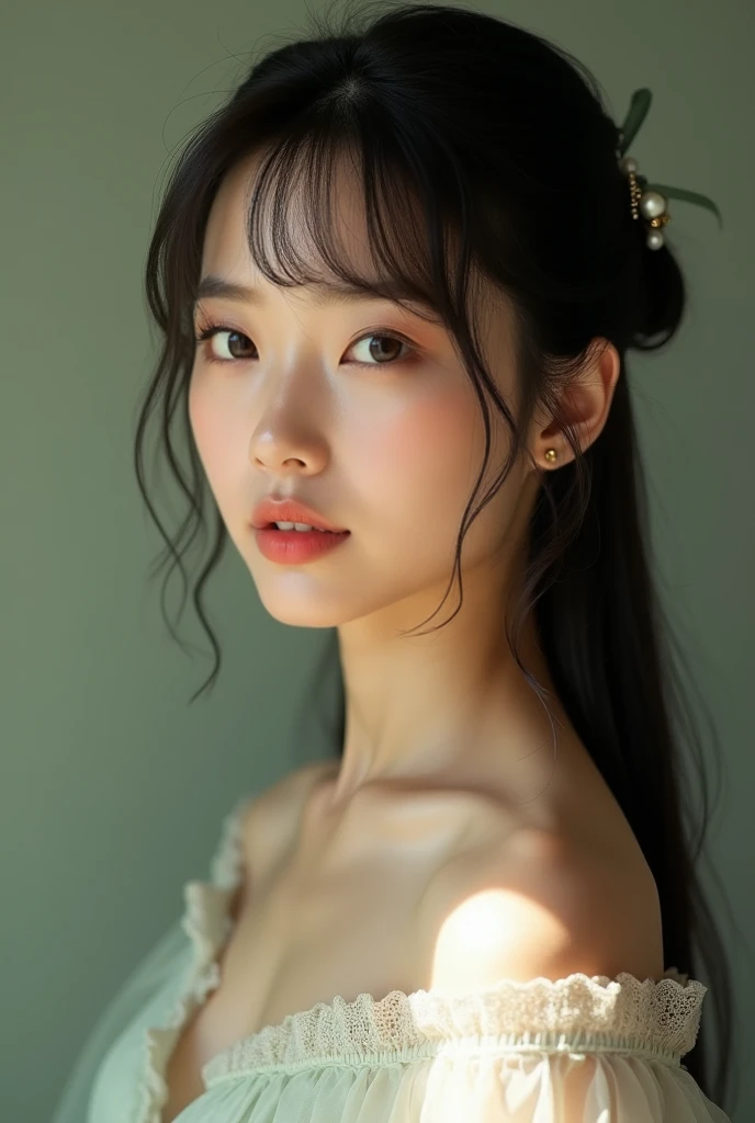 best qualitiy,杰作,The ultra-great resolution,(extremely lifelike:1.4),OriginalPhotographs,The skin,simple background,Black eyes,Detail,selfee, 1个女孩,The sunlight,Large breasts,Bandeau wedding dress,