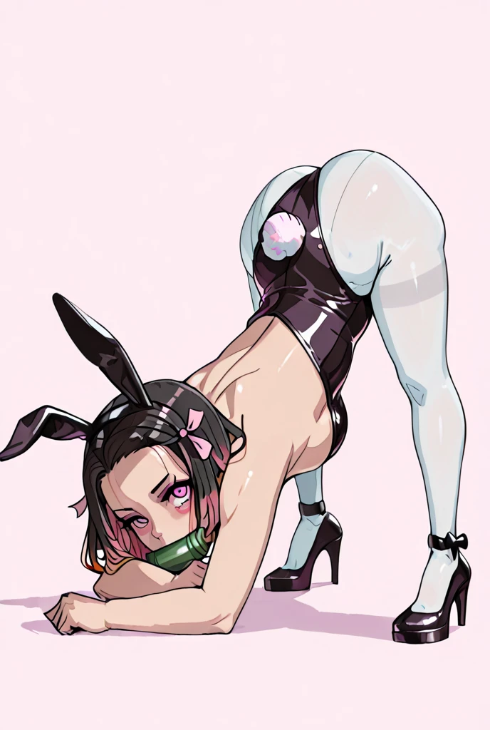 view from below, front view, 18 year old asian girl dressed as ladybug, (ladybug from Miraculous: Tales of Ladybug & Cat Noir:1.0), red lipstick, wearing tight sexy skimpy ladybug outfit, kneeling on the floor, full body, caramel skin, long wild black hair with purple highlights, toned legs, small natural breasts, slim waist, topless, exposed breasts, tiny black panties, looking away from the viewer, dark solid background, ladybug costume