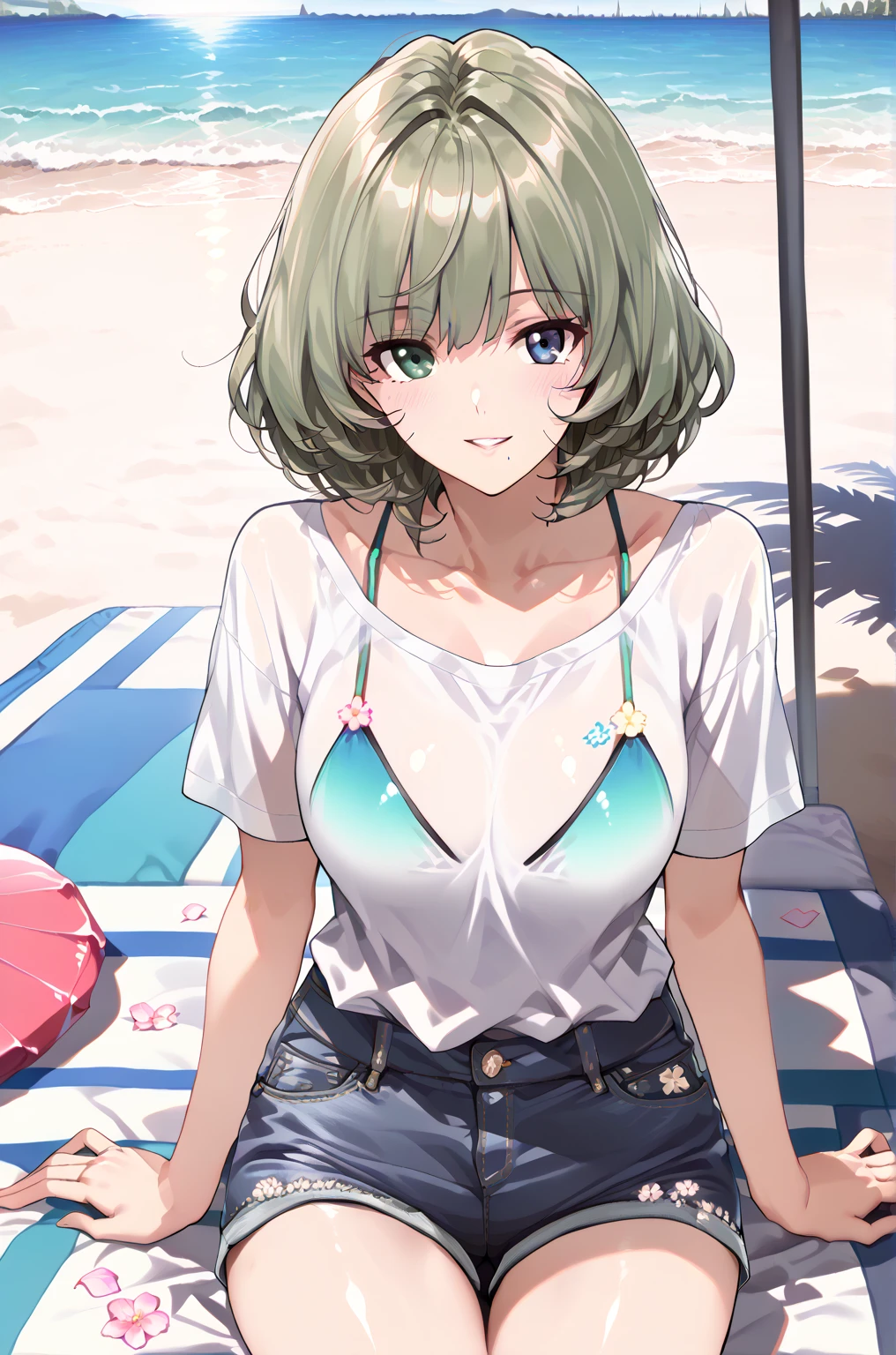 One girl,Kaoru、Gentle expression、smile、Ocean、blue sky、Sandy Beach、Sexy pose、Light green sexy swimsuit、A complete depiction of the human body、masterpiece, Highest quality, Game CG, ultra detailed、highres、extremely detailed CG