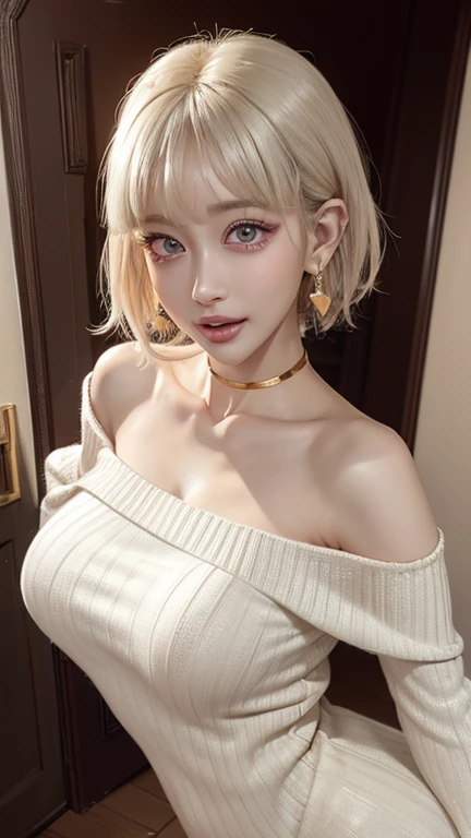 1 Girl、solo、masterpiece,highest quality,High resolution,Very detailed, skinny,Black Choker,Earrings,Big cleavage、Off-the-shoulder tight sweater dress,
Cute pose、(((Open your mouth))), Heavy breathing , (aheghentai face:1.5),
Blonde pixie short hair、
(((Accurate 5-finger)))、Accurate human body、The perfect human body、((Captivating smile ))、
entrance、indoor、open the door、Detailed Background、