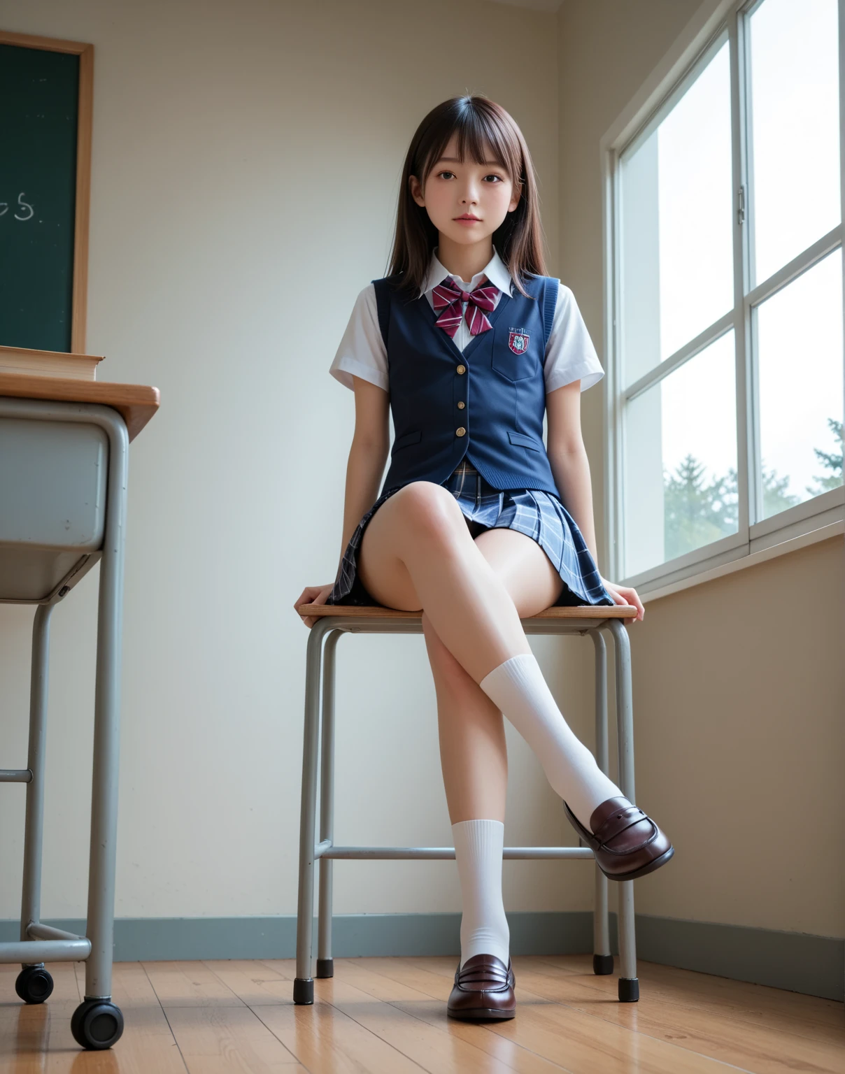 (Highest quality:1.5)、(masterpiece:1.5)、(8k:1.5)、(Big Breasts:1.35)、(Black dress with buttons and collar:1.3)、(Slender:1.2)、(Blushing:1.5)、(Feeling embarrassed:1.5)、whole body、(Thin and beautiful legs:1.3)、(Cowboy Position:1.5)、(Sit with your legs wide apart:1.5)、(Angle from below:1.5)、(Young face:1.7)、(Primary school students:1.7)、(Short:1.7)、