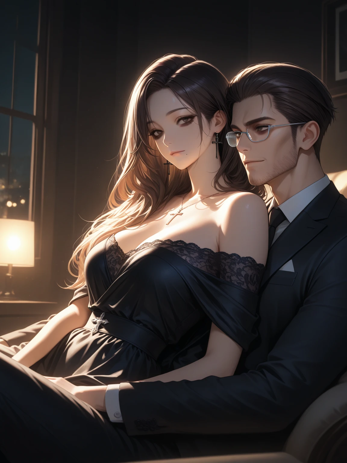 Couple together, man in suit and woman in lingerie, ultra realistic detailed, quality 8K, CYMK --auto --s2