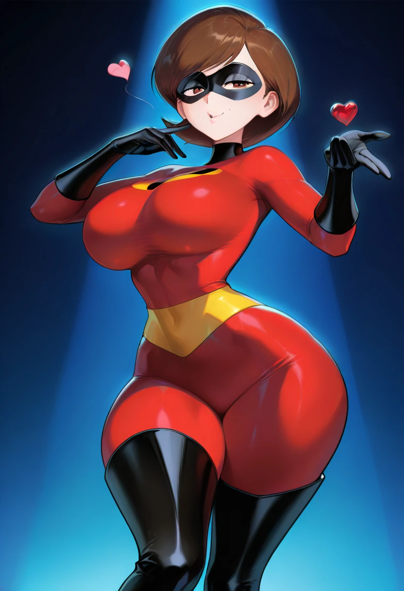 (masterpiece), best quality, depth of field, 1girl, solo, looking at viewer, smilling,breasts, helenparr, domino mask, mask, bodysuit, elbow gloves, thighhighs, thigh boots, wide hips, sitting on bed edge, legs crossed, at the ???'s bedroom