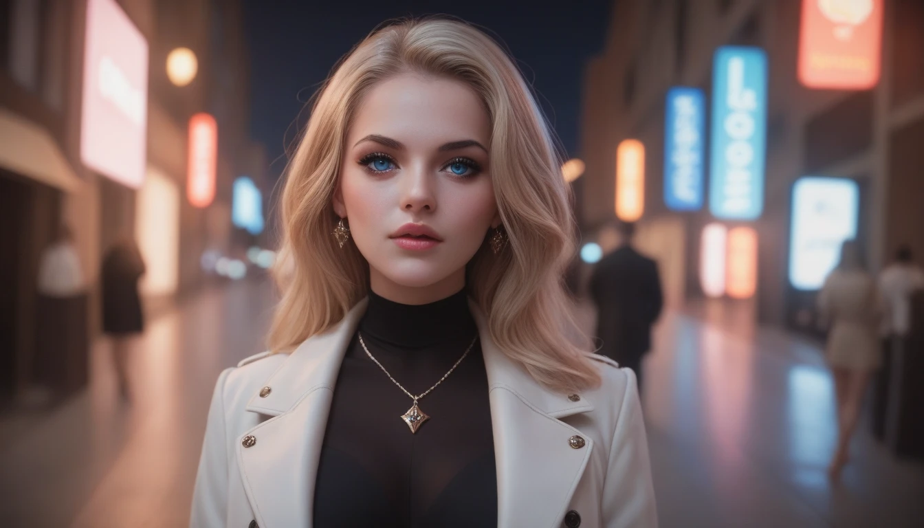 a Natalie Dormer, dynamic pose, full face, formally dressed, outdoor, at night, neon lights, cyberpunk style, white unbuttoned shirt, (neutral colors:1.3), (hyperrealism, dark shot, intricate details, rule of thirds, (dark vignette:1.2), (hdr:1.2), (bloom:1.2), (filmic:1.25), RAW photo)