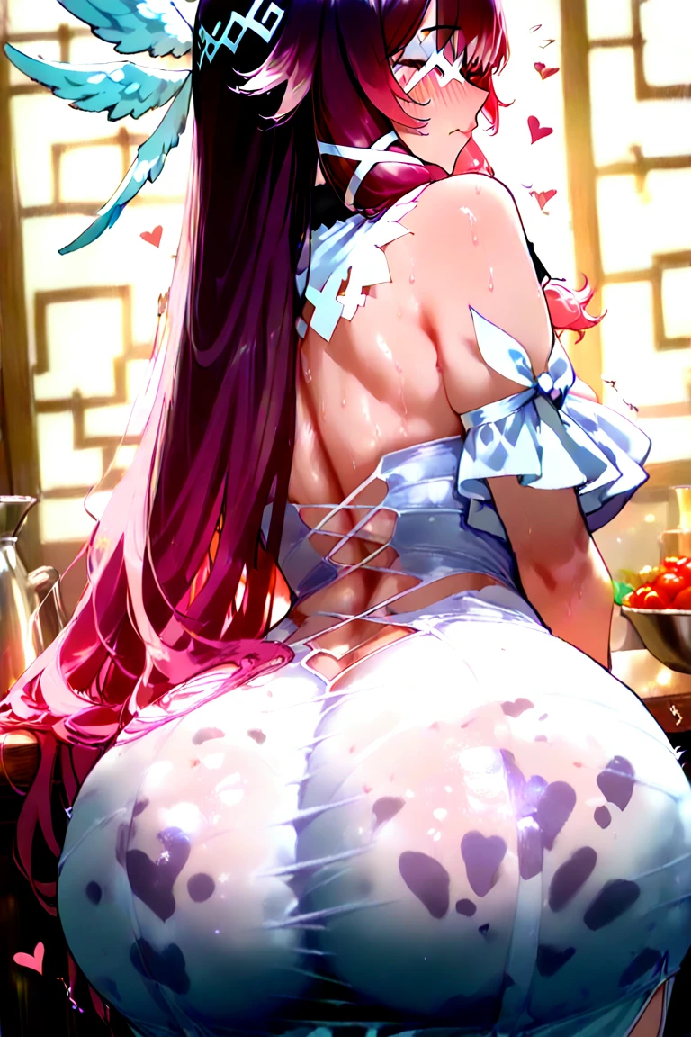Back view,big tips,cross-eyed,busty,nsfw,8k, 最High resolution, High resolution, masterpiece, No background, White Background, dynamic, 1 person, 1 personの女の子, Purple Hair, Yellow Eyes, Red dress, Red hair ribbon, Red High Heels, Pointed Ears, short hair, Red choker, bangs, clavicle, Long sleeve white T-shirt, jewelry, Take off, Pure white panties, Cat Paw Pose, From below, Embarrassed face, Cowboy Shot