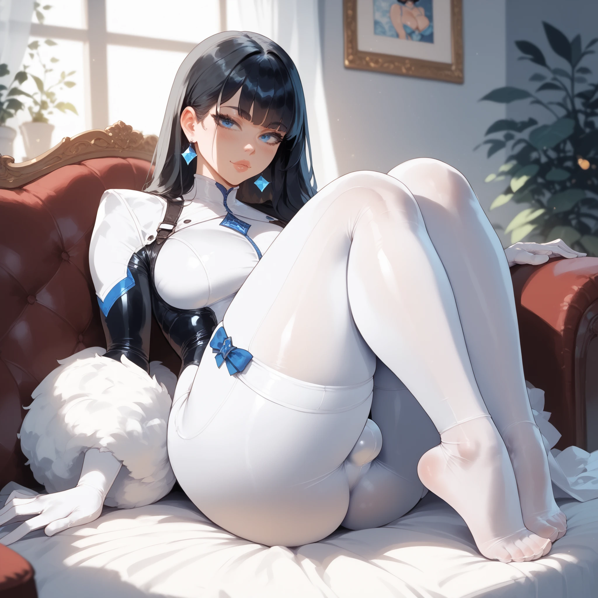 A woman dressed in white, with an exposed figure, lying on a bed. Hands and feet were tied, his mouth was blocked by a ball of mouth, and there was a man on the bed