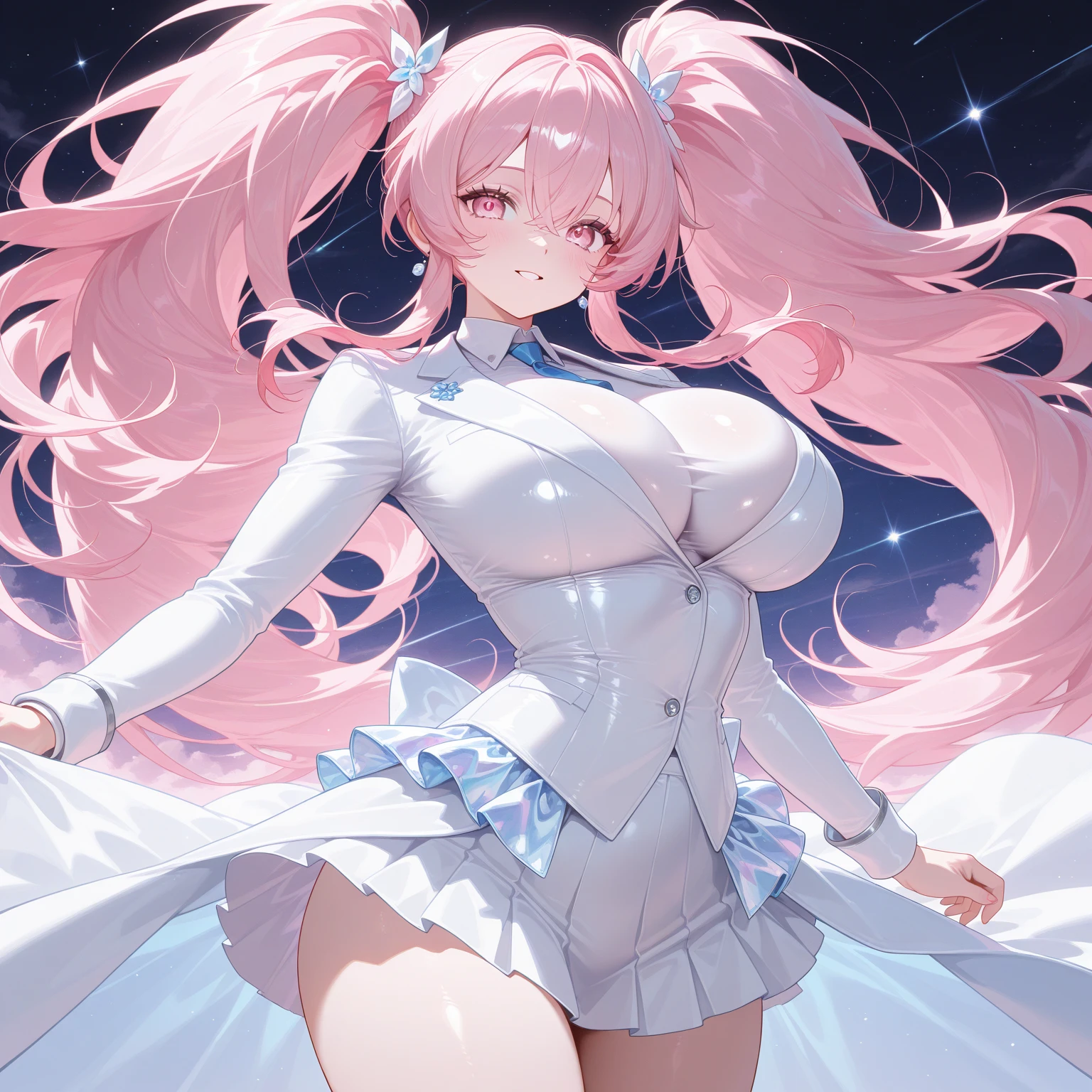 masterpiece,highest quality,(Super detailed),written boundary depth,perfect sentence, Detailed CG,Super detailed,(highly detailed eyes,very cute face,highly detailed face:1.3),beautiful anime girl,(solo girl:1.9),(super huge breasts:1.9),(pink hair,low twin tails:1.5),(light blue eyes:1.3),(smile full of joy),open your mouth,break,(magical girl costume:1.3),(white ruffle dress,sleeveless,pink ruffle elbow gloves,micro mini skirt,ruffle skirt,white knee high socks,boots with wings,frilly tie with blue jewels,large hair ribbon),magic effect,light effect,blue sky,cloud,above the sky,cloudの上,(jumping,flight,Falling from the sky:1.2),The cityscape spreading out below,dynamic pose,Spread your hands from side to side,(dynamic angle,full body)